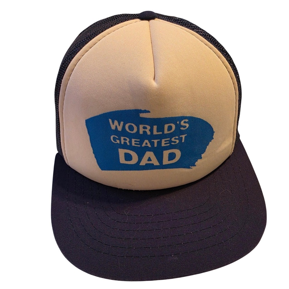 Vintage Worlds Greatest Dad Trucker‎ Hat Navy Blue White Snapback Mesh Cap